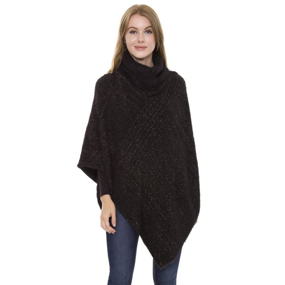 WOMENS BLACK LUREX KNITTED TURTLENECK PONCHO - OS - Picture 2 of 4